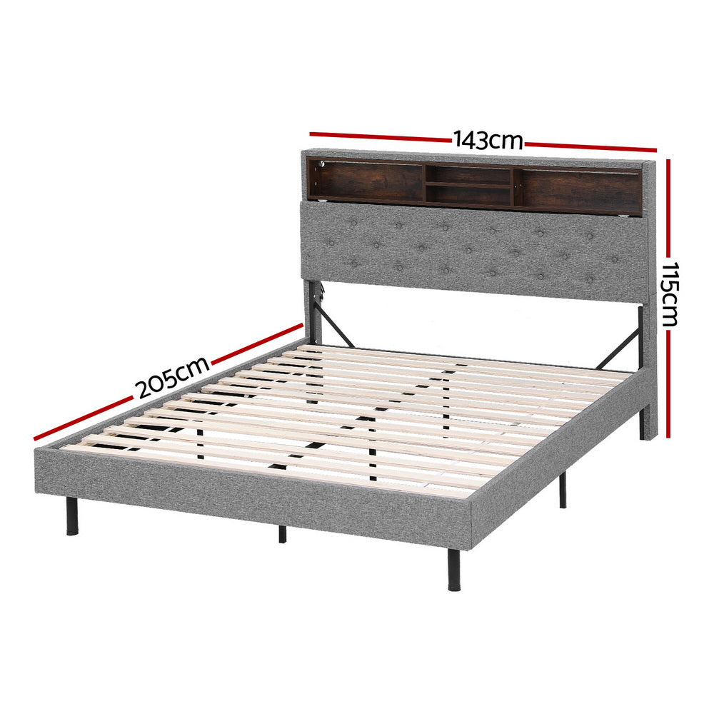 Artiss Bed Frame Double Size LED Mattress Base Platform with Storage Shelf Hidden Storage Box Grey