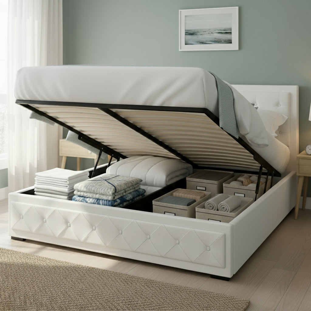 Artiss Bed Frame King Size Gas Lift Base With Storage White Leather Tiyo Collection
