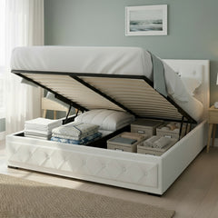 Artiss Bed Frame King Size Gas Lift Base With Storage White Leather Tiyo Collection