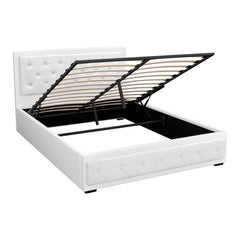 Artiss Tiyo Bed Frame PU Leather Gas Lift Storage - White Queen