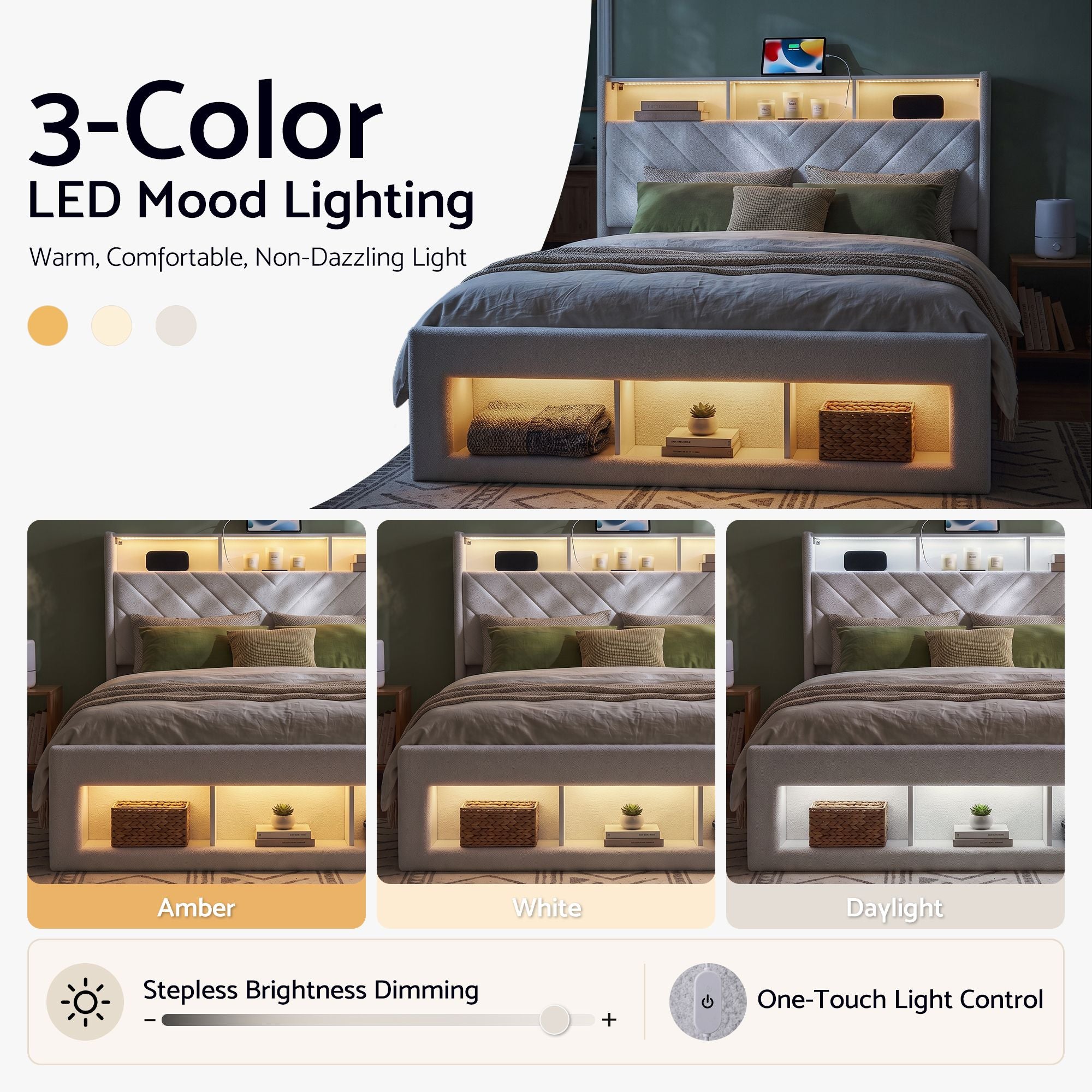 Artiss Queen Bed Frame with Storage Charging Station & LED White