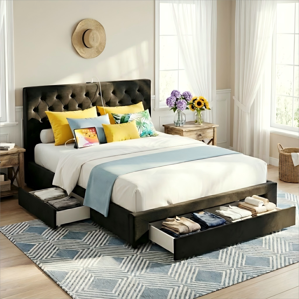 Artiss Double Bed Frame Storage Charging Station Upholstered 3 Drawers USB