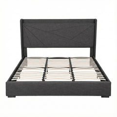 Artiss King Bed Frame Gas Lift Storage Bed with Charging Ports Upholstered Geometric Headboard Charcoal Grey