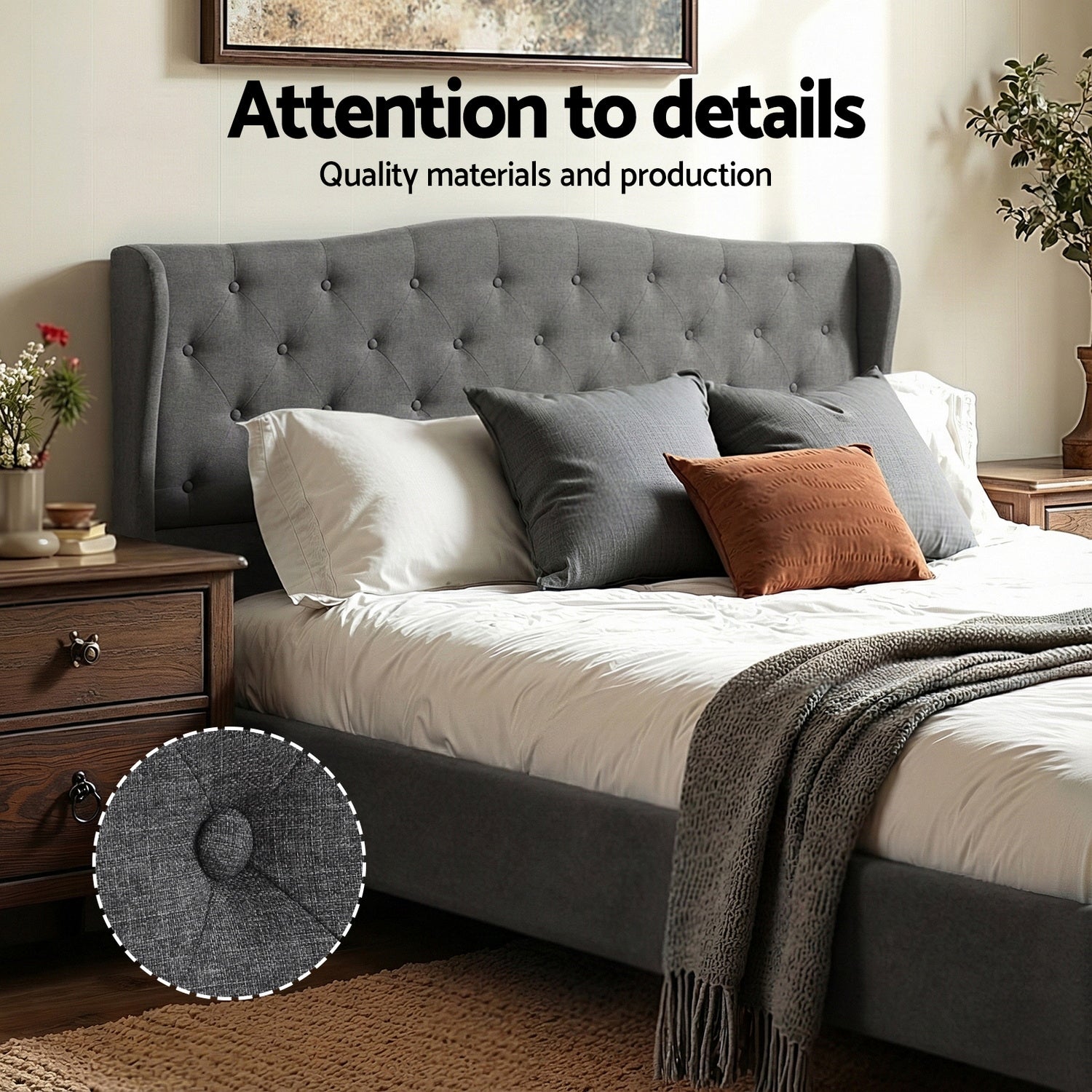 Artiss King Bed Frame with Wingback Headboard Grey Linen Upholstered Platform Bed Base