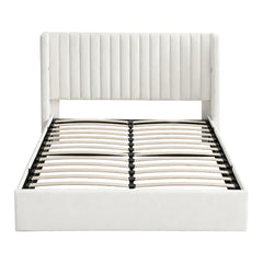 Artiss Queen Bed Frame with Gaslift Storage USB Type-C Charging Ports Velvet Upholstery White