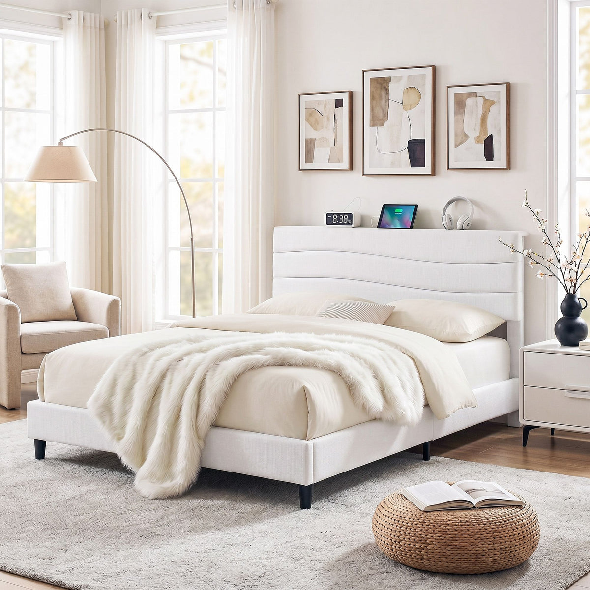 Artiss Queen Bed Frame with Storage Adjustable Headboard Platform Base Linen