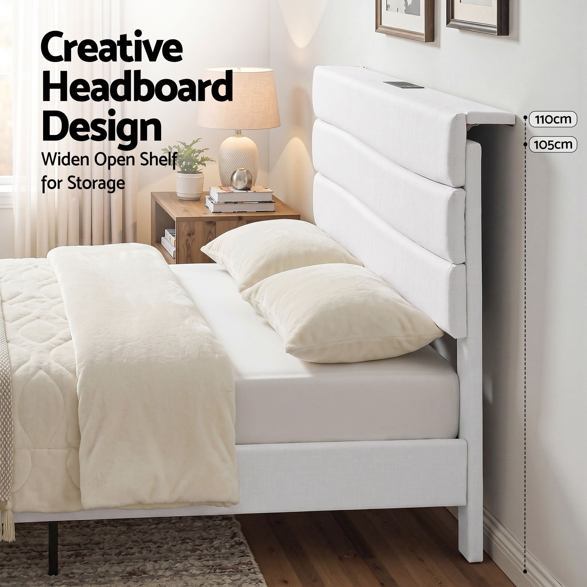 Artiss Queen Bed Frame with Storage Adjustable Headboard Platform Base Linen