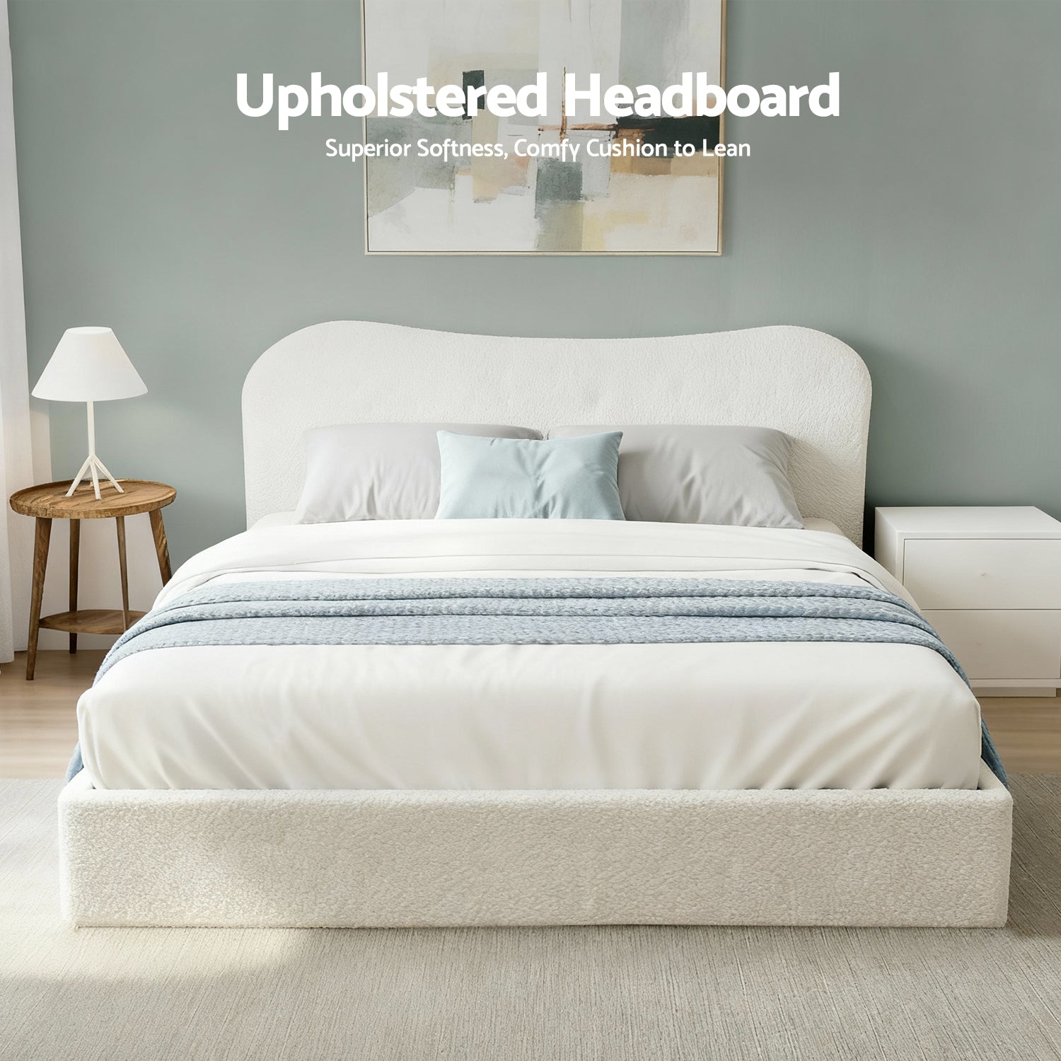 Artiss Queen Bed Frame with Gaslift Storage Wooden Platform Mattress Base Boucle Upholstered White