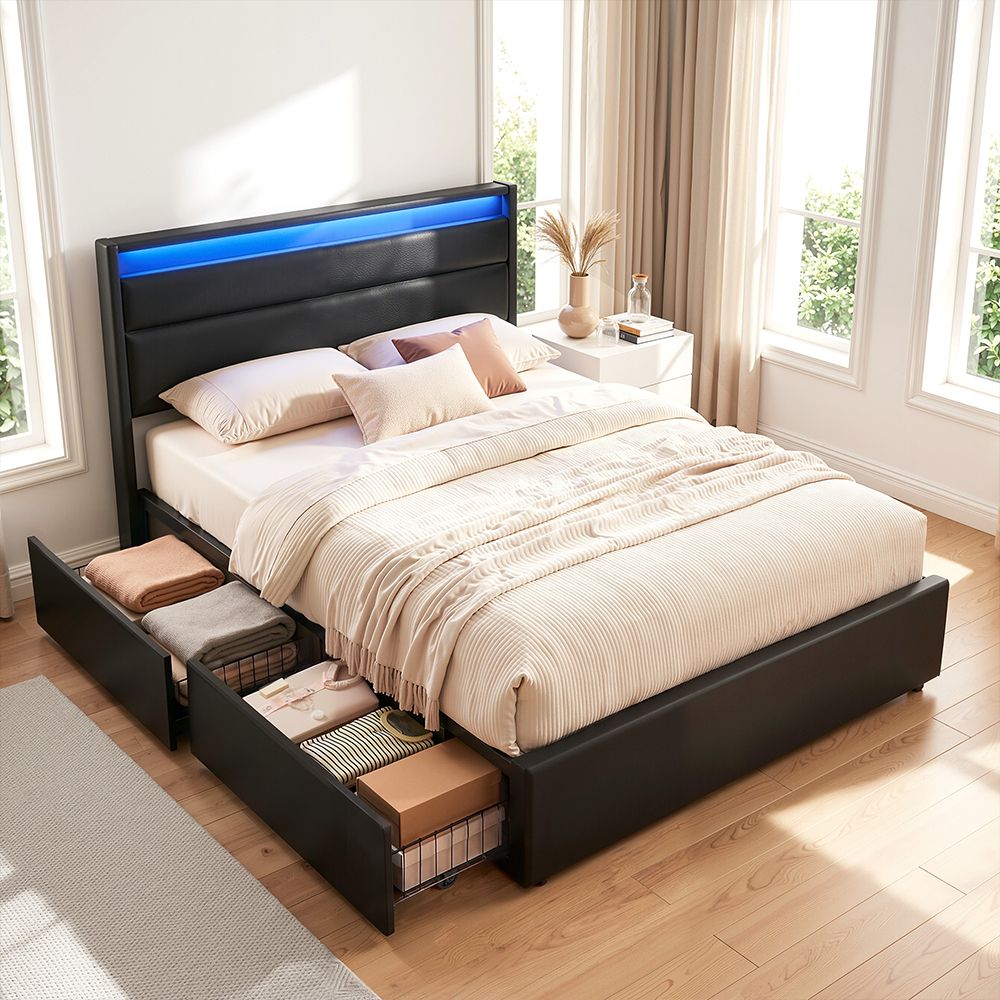 Artiss Bed Frame Double Size LED with 4 Drawers Black DUNN