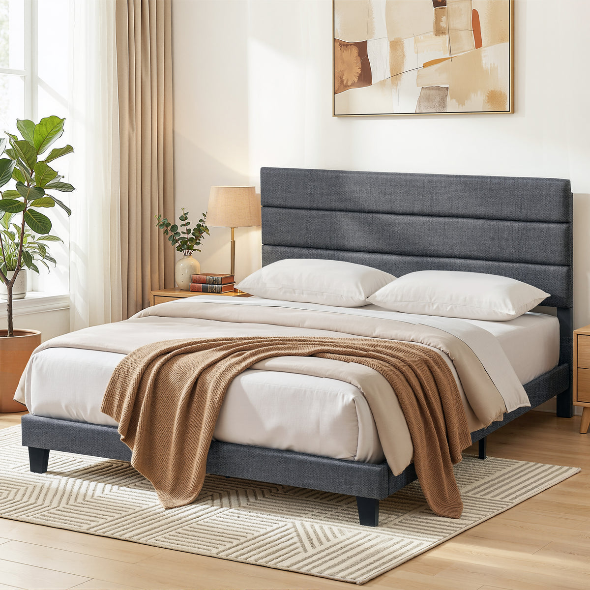 Artiss King Bed Frame Upholstered Platform Base with Geometric Headboard Charcoal Grey Linen Wood Slats for Modern Bedroom Furniture Home Decor