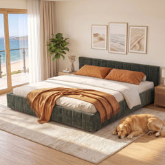 Artiss King Bed Frame Chenille Heavy Duty Platform Base Green 300kg Support No