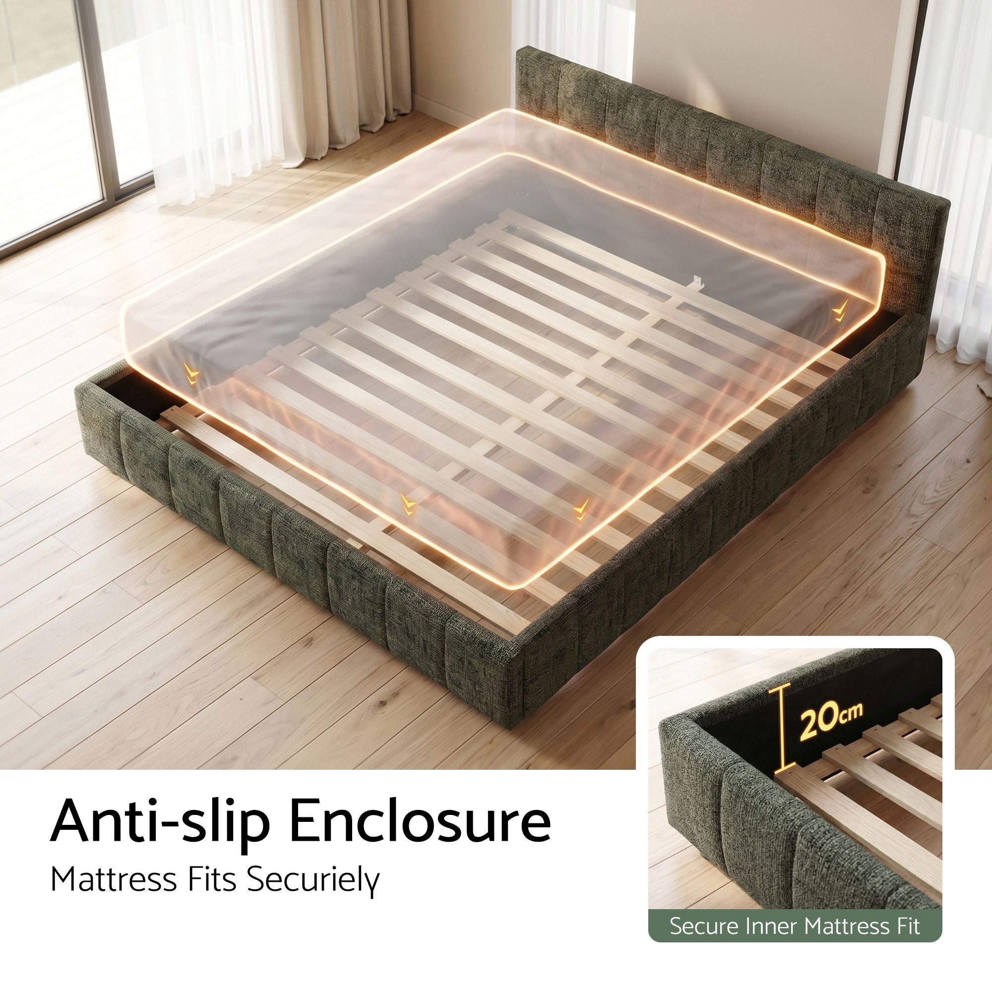 Artiss King Bed Frame Chenille Heavy Duty Platform Base Green 300kg Support No