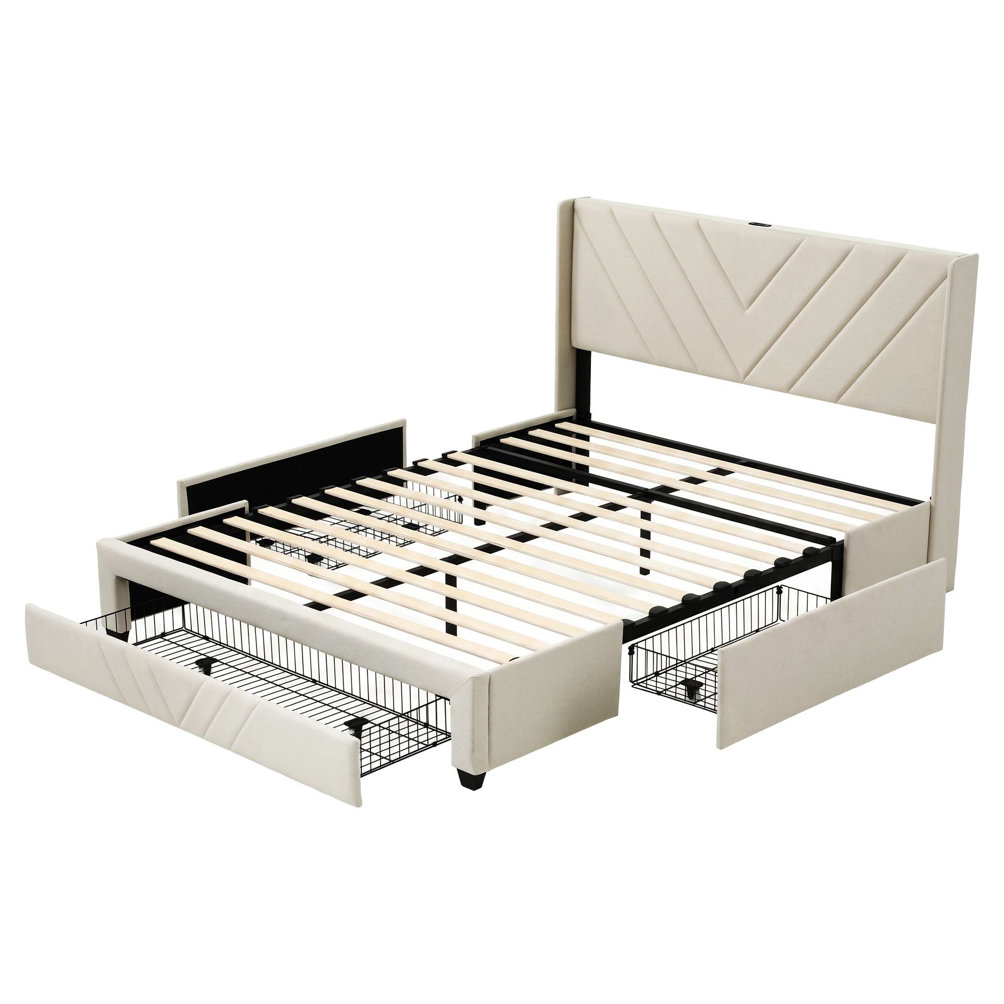 Artiss Double Bed Frame with Charging Station and Storage Drawers Beige 300KG Noise Free