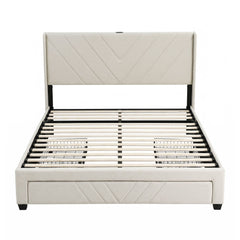 Artiss Queen Bed Frame with Charging Station and Storage Drawers Beige 300KG Noise Free
