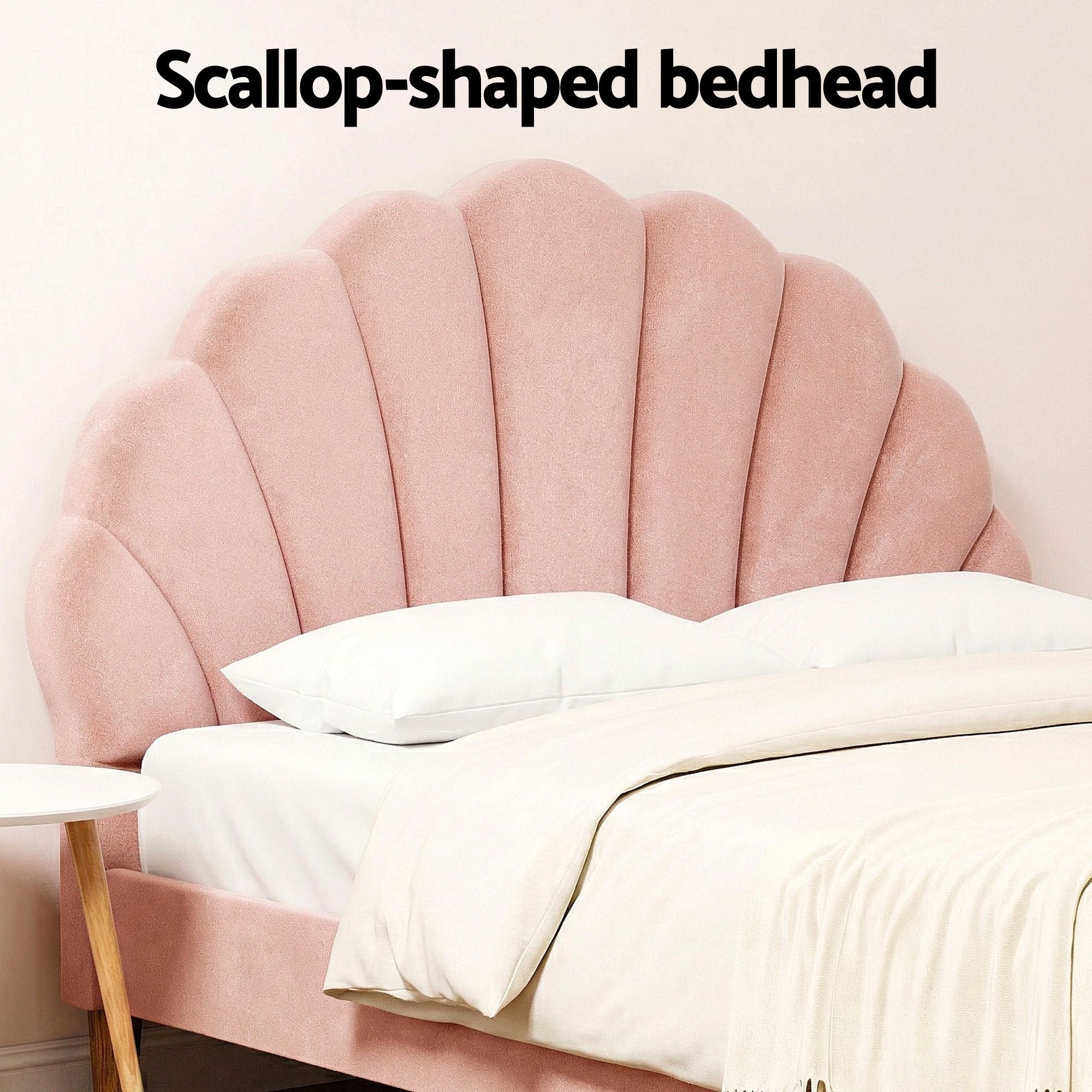 Artiss Double Bed Frame and Round Coffee Table Set Pink Velvet Bedhead with Wooden Side Table