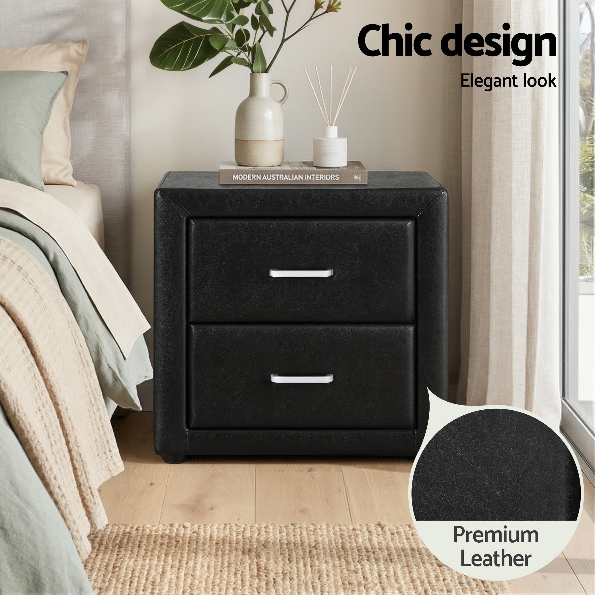 Artiss King Single Bed Frame Storage White Leather Gas Lift Bed Black Bedside Table Set