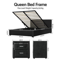 Artiss Gas Lift Queen Bed Frame and 2 Bedside Table Set Leather Black