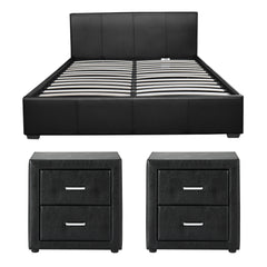 Artiss Gas Lift Queen Bed Frame and 2 Bedside Table Set Leather Black