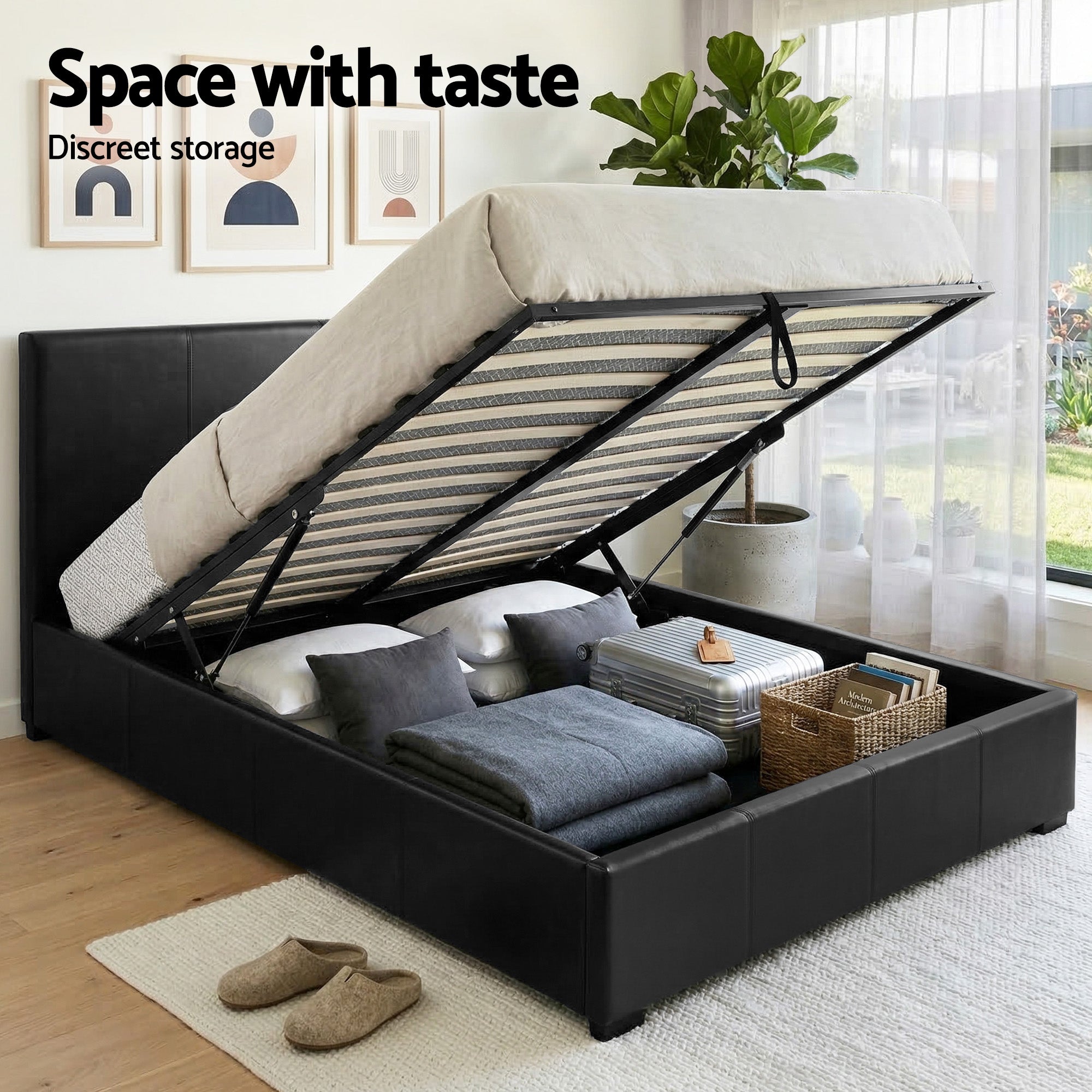 Artiss Gas Lift Queen Bed Frame and 2 Bedside Table Set Leather Black