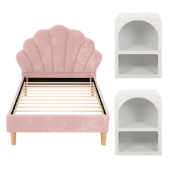 Artiss Bed Frame King Single with 2 Bedside Tables Set Scallop Headboard Pink Velvet Fabric Beds Base