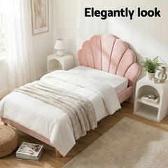 Artiss Bed Frame King Single with 2 Bedside Tables Set Scallop Headboard Pink Velvet Fabric Beds Base