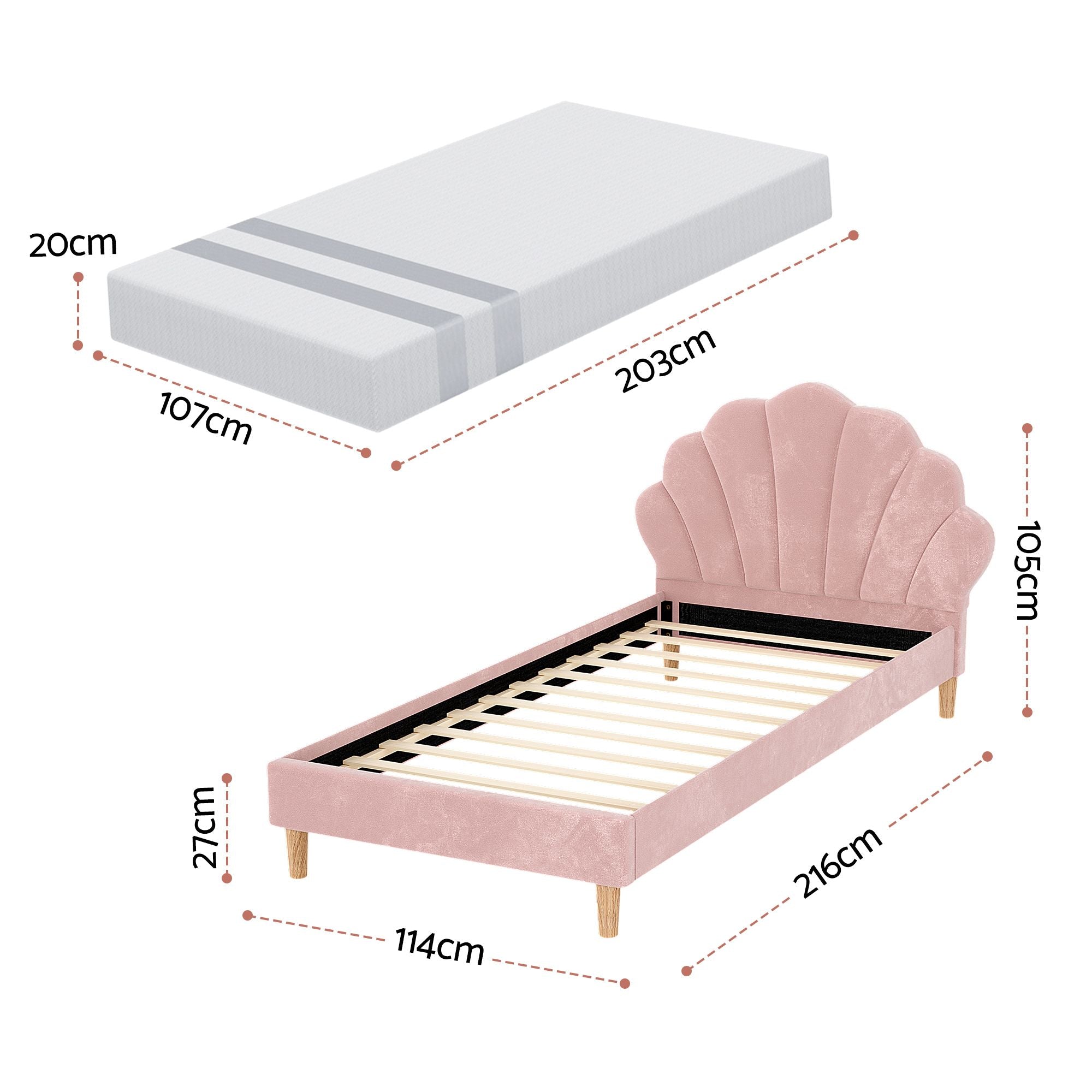Artiss King Single Bed Frame BedStory Mattress Set Pink Velvet Scallop Bedhead with 20cm Mattress