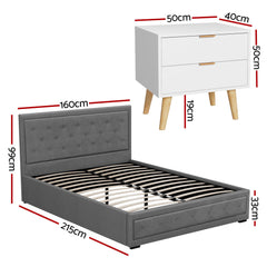 Artiss Upholstered Queen Gas Lift Storage Bed Frame with 2-Drawer Bedside Table Set
