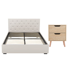Artiss Double Bed Frame with Storage and Bedside Table Set Tufted Linen Gas Lift Bed Base and 2-Drawer Nightstand