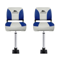 Seamanship 2X Folding Boat Seats with 2X Adjustable Pedestals 55–75cm Marine Swivel Low Back 13cm Padding White Blue