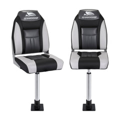 Seamanship 2X Folding Boat Seats with 2X Adjustable Pedestals 55–75cm Marine Seat Swivel High Back 12cm Padding Black