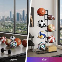 Everfit Ball Storage Rack Sports Equipment Organizer 7-Tier Holder for Garage Gym Black