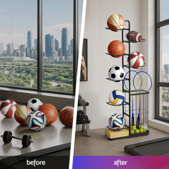 Everfit Ball Storage Rack Sports Equipment Organizer 7-Tier with Basket for Garage Gym Black