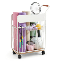 Everfit Yoga Mat Storage Rack Mobile Holder with Wheels Basket Home Gym Storage Organizer White