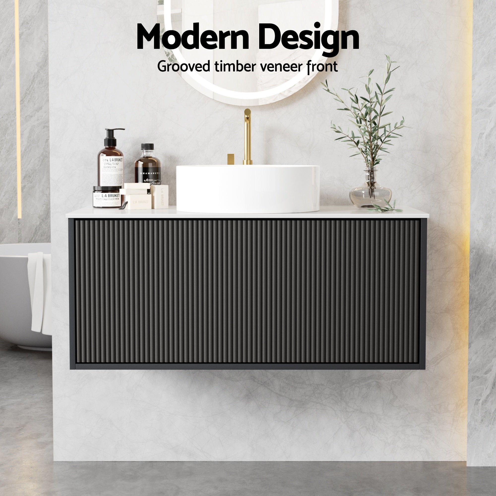 Cefito Vanity Unit 900mm Bathroom Cabinet Storage Wall Hung Grooved Timber Black