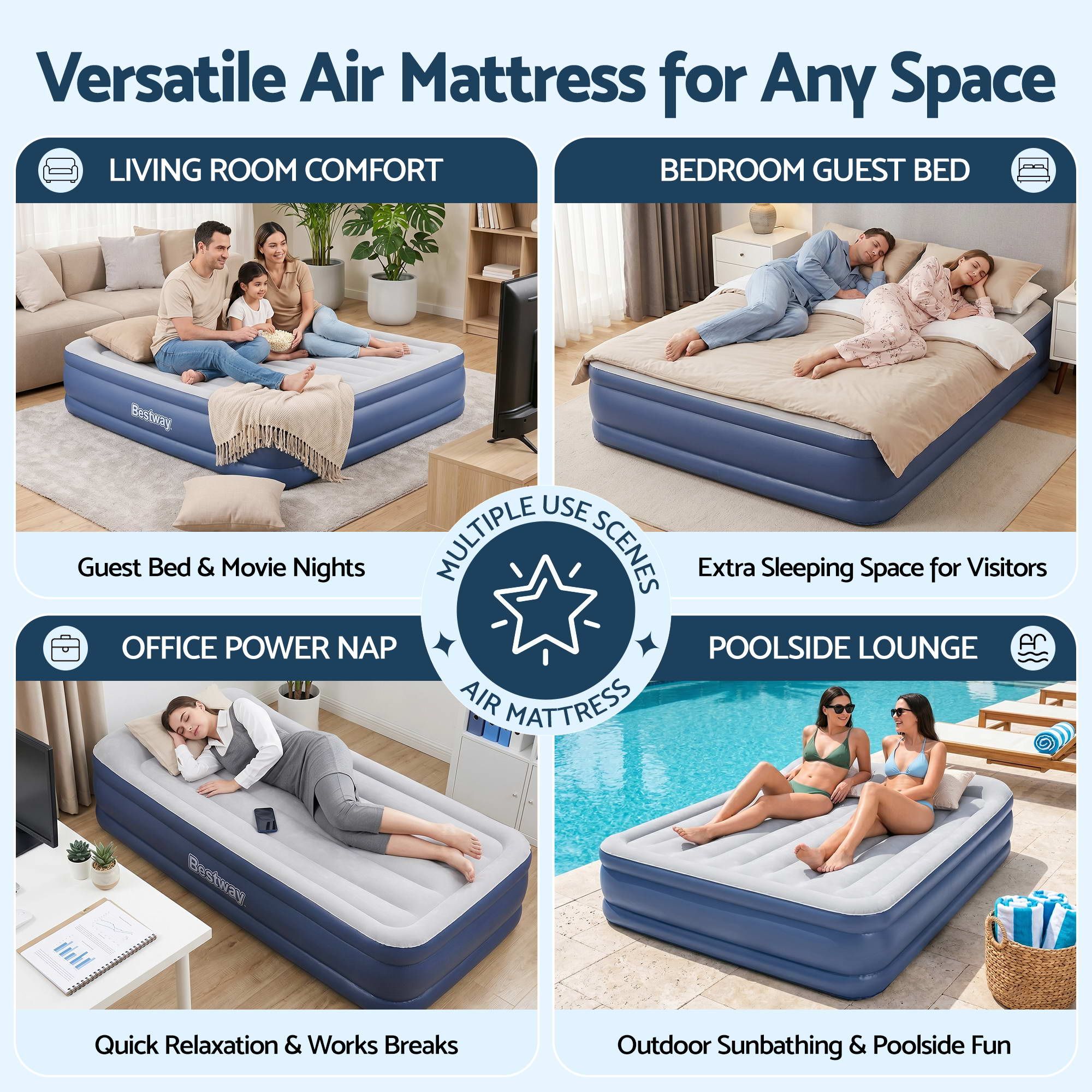 Bestway Air Mattress Queen Inflatable Bed 61cm Airbed Blue