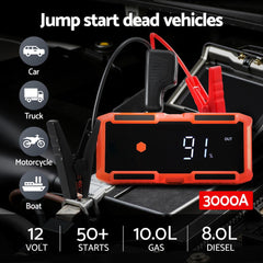 Giantz 3000A Portable Car Jump Starter 12V Lithium Battery Booster Pack Power Bank & Jumper Cables