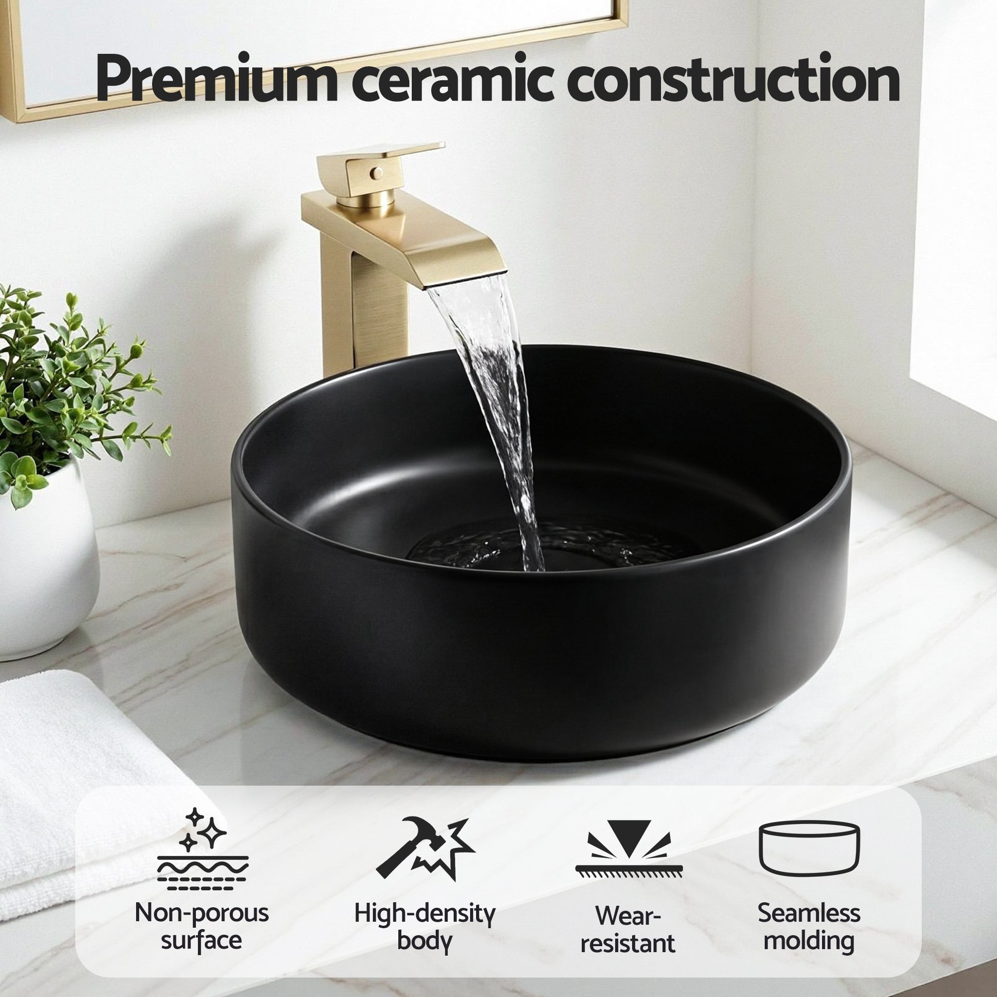 Cefito Bathroom Basin Ceramic Vanity Sink Vessel Bowl Wash Matte Black Round Countertop