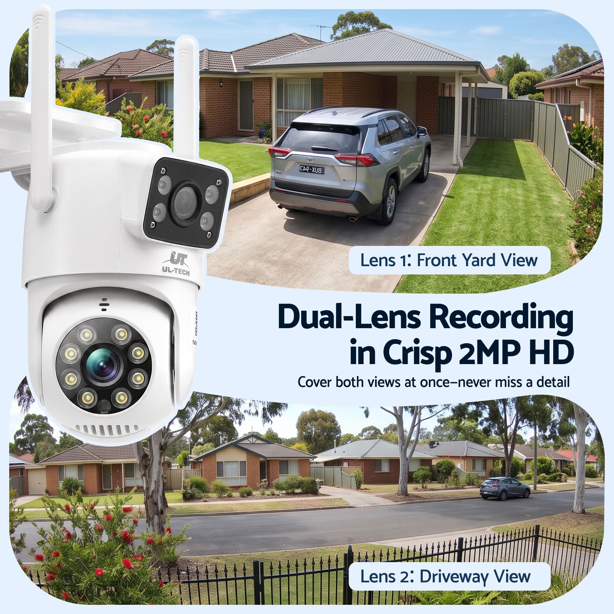 UL-Tech Wireless Security Camera Outdoor Indoor, 2.5K Dual Lens Pan Tilt, 4MP (2×2MP) IP Camera, Motion Detection, Auto-Tracking, Colour Night Vision, 2.4G WiFi, Two-Way Audio, Pet Baby Surveillance