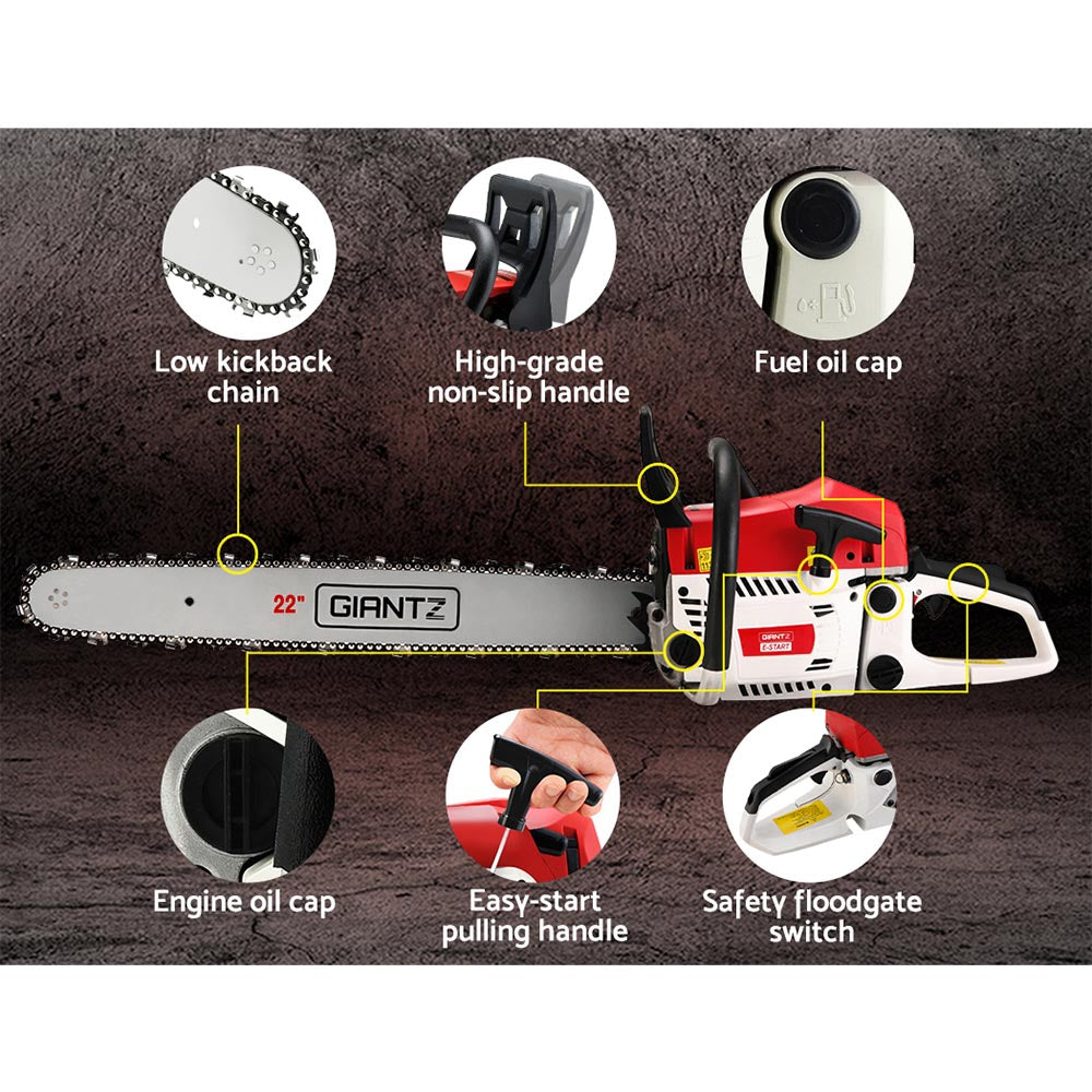 Giantz Chainsaw Petrol 62CC 22" Bar Commercial E-Start Pruning Chain Saw