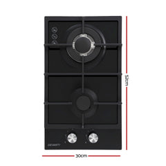Devanti Gas Cooktop 30cm 2 Burner Built-in Stove Glass Cook Top NG LPG Wok Burner