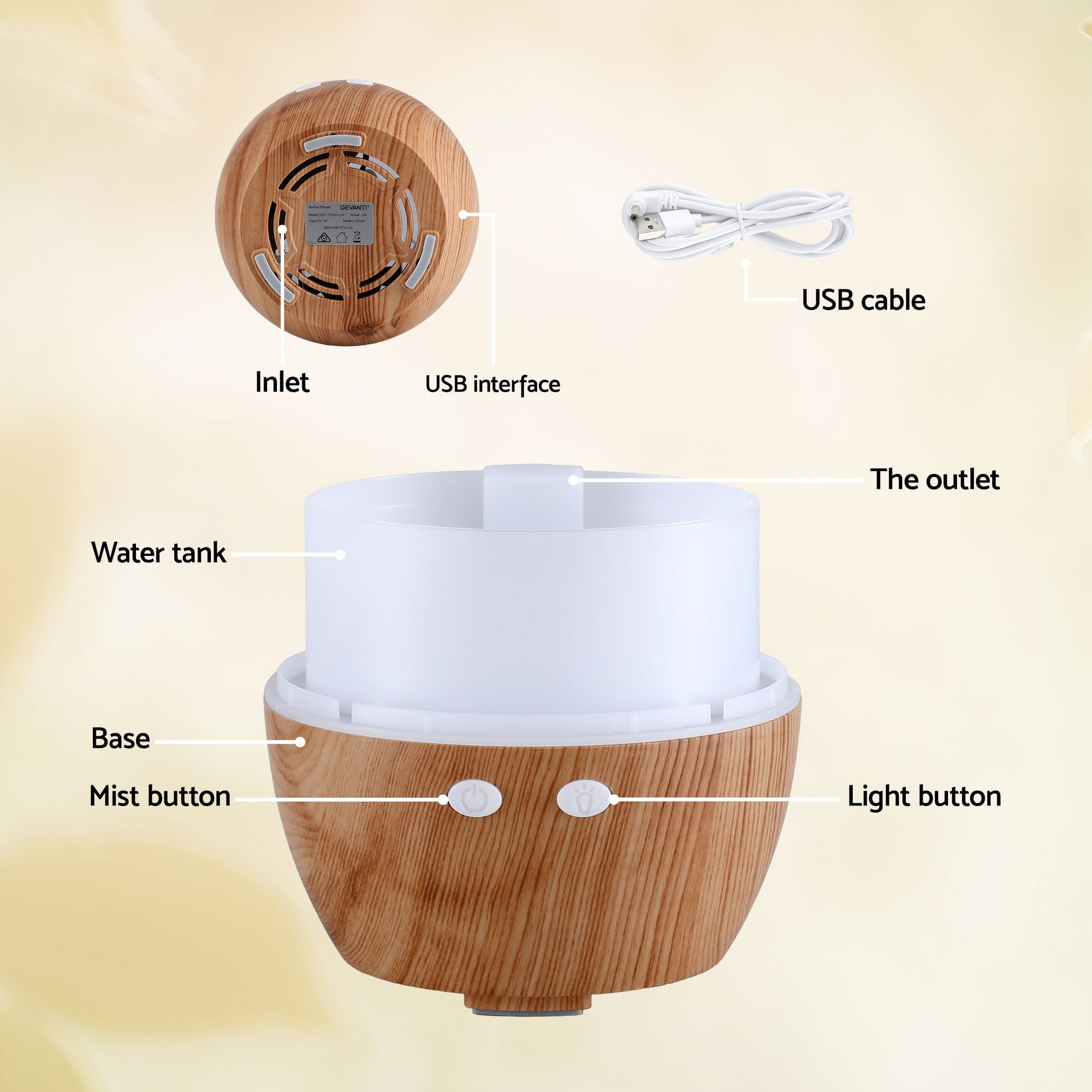 Devanti Ultrasonic Aroma Diffuser Aromatherapy 130ml LED Free Delivery
