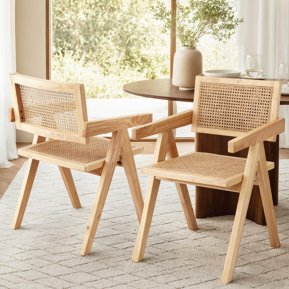 Artiss Set of 2 Dining Chairs Wooden Rattan Seat Rubber Wood Frame