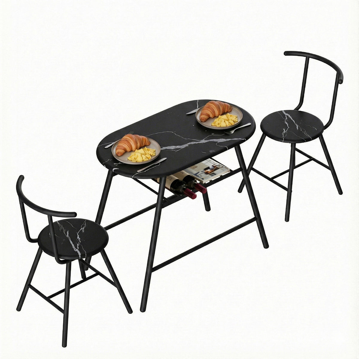 Artiss Dining Table Set 3 Piece Bistro Kitchen Storage Wine Rack Black Marble Style