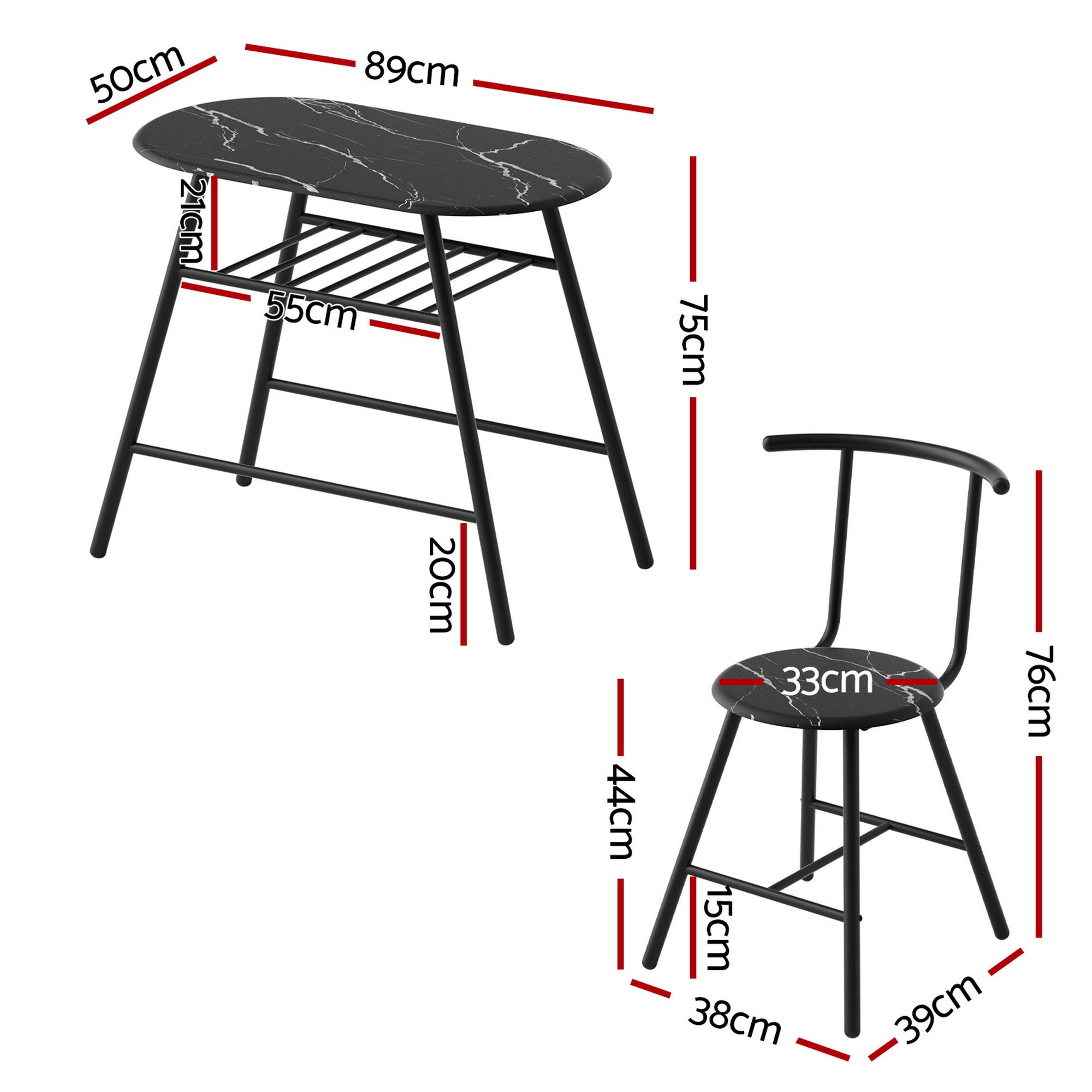 Artiss Dining Table Set 3 Piece Bistro Kitchen Storage Wine Rack Black Marble Style