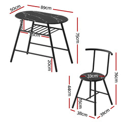 Artiss Dining Table Set 3 Piece Bistro Kitchen Storage Wine Rack Black Marble Style