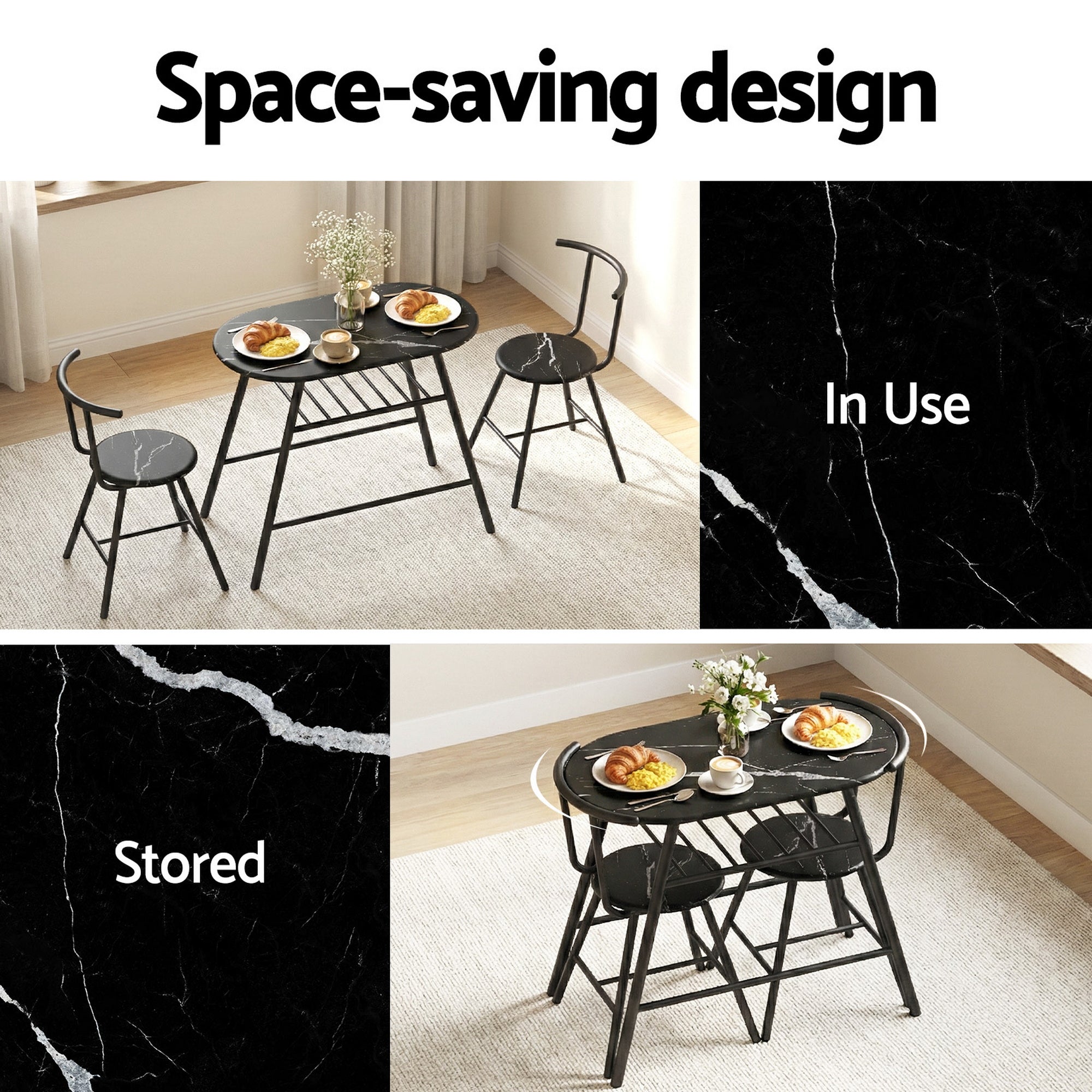 Artiss Dining Table Set 3 Piece Bistro Kitchen Storage Wine Rack Black Marble Style