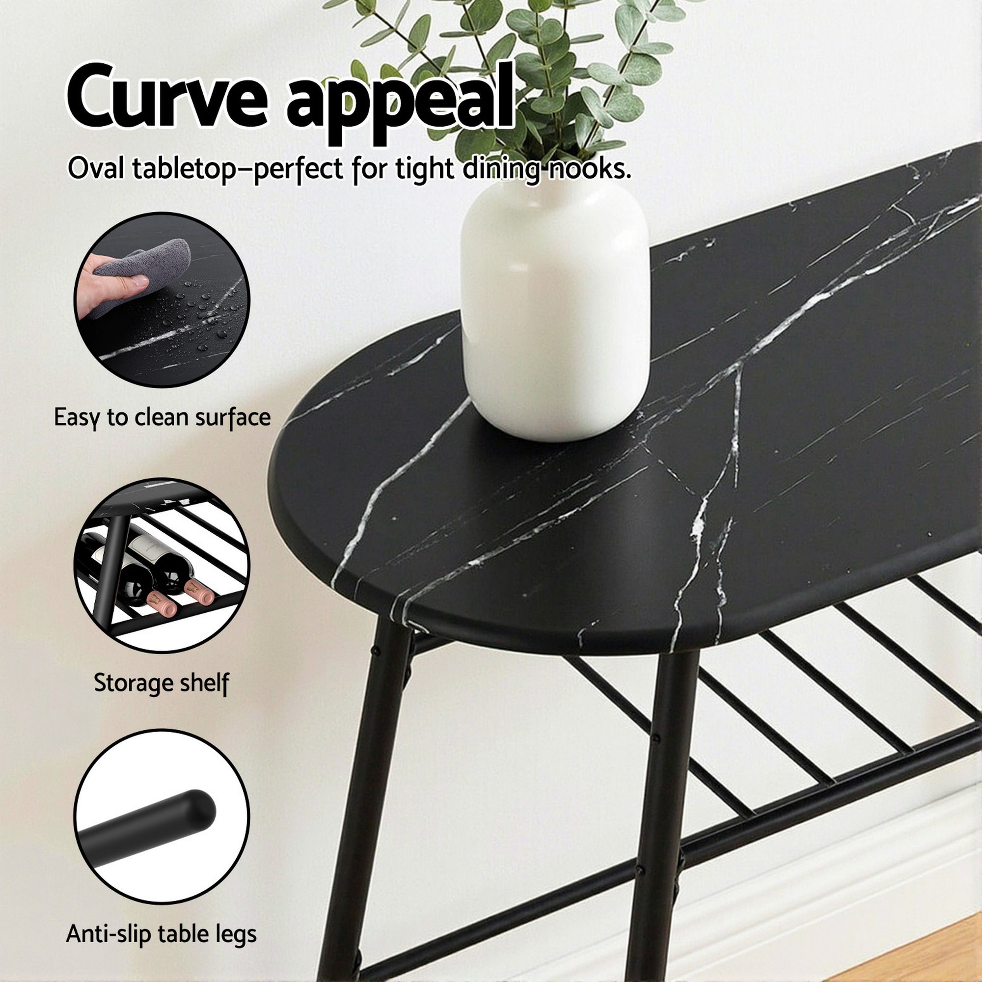 Artiss Dining Table Set 3 Piece Bistro Kitchen Storage Wine Rack Black Marble Style
