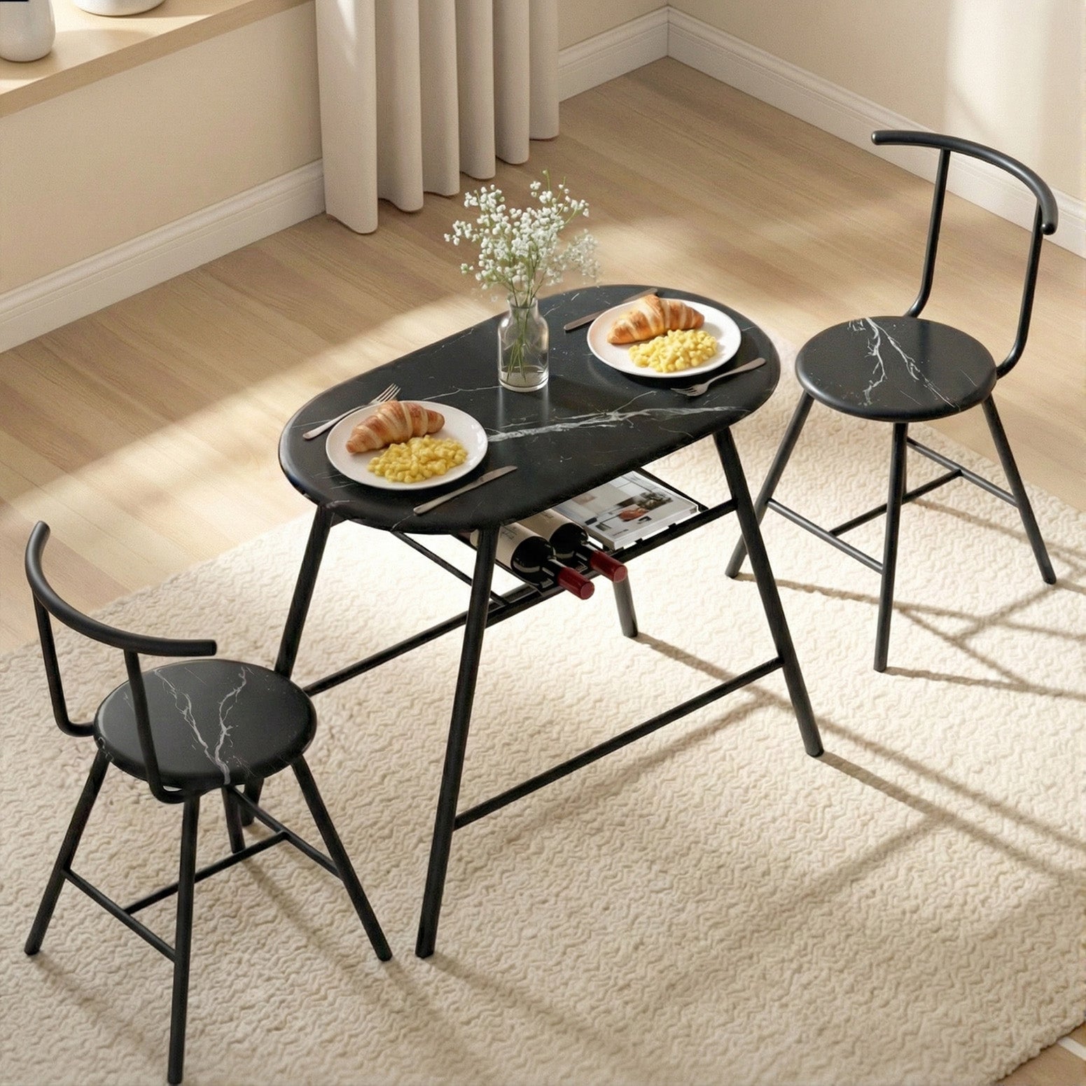 Artiss Dining Table Set 3 Piece Bistro Kitchen Storage Wine Rack Black Marble Style