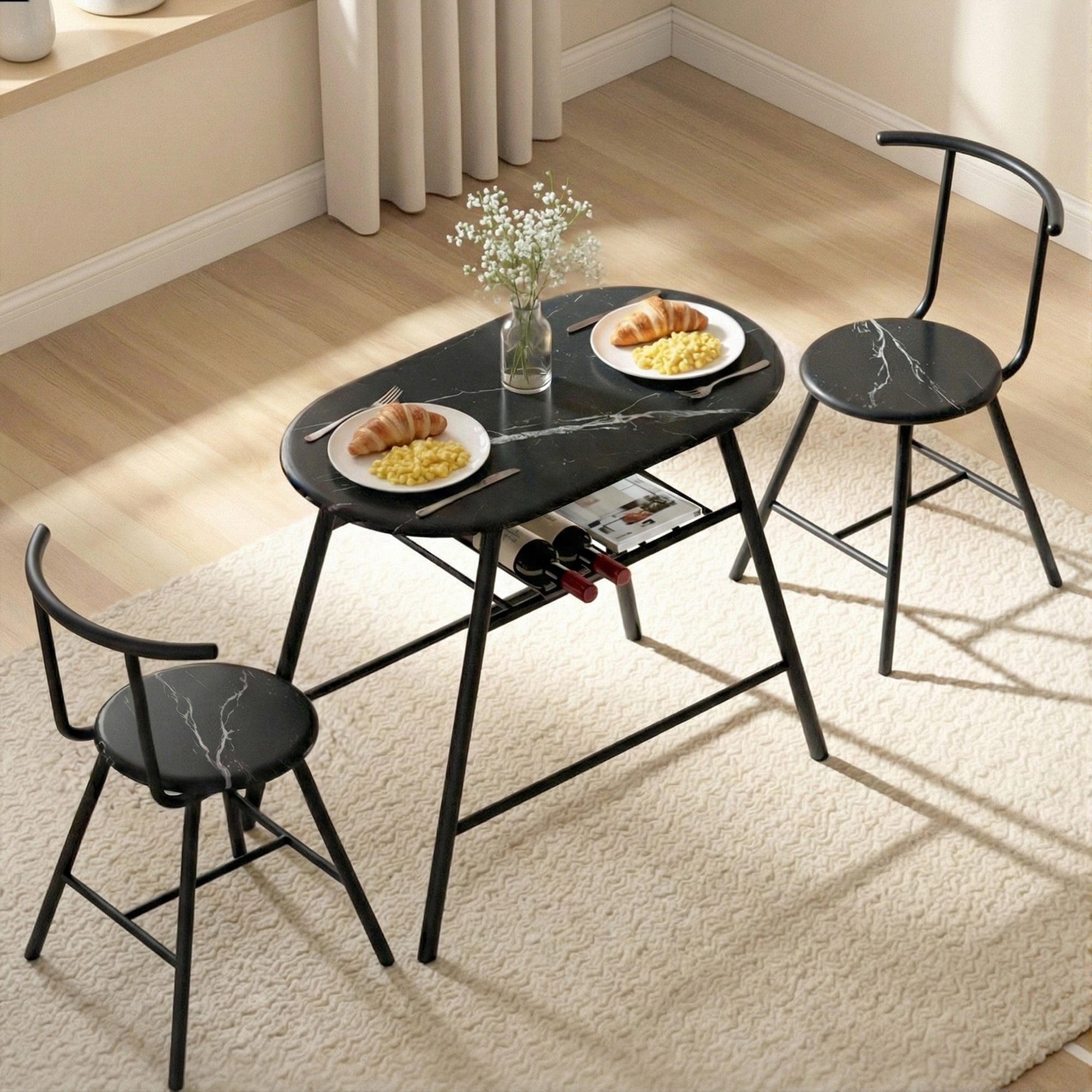 Artiss Dining Table Set 3 Piece Bistro Kitchen Storage Wine Rack Black Marble Style
