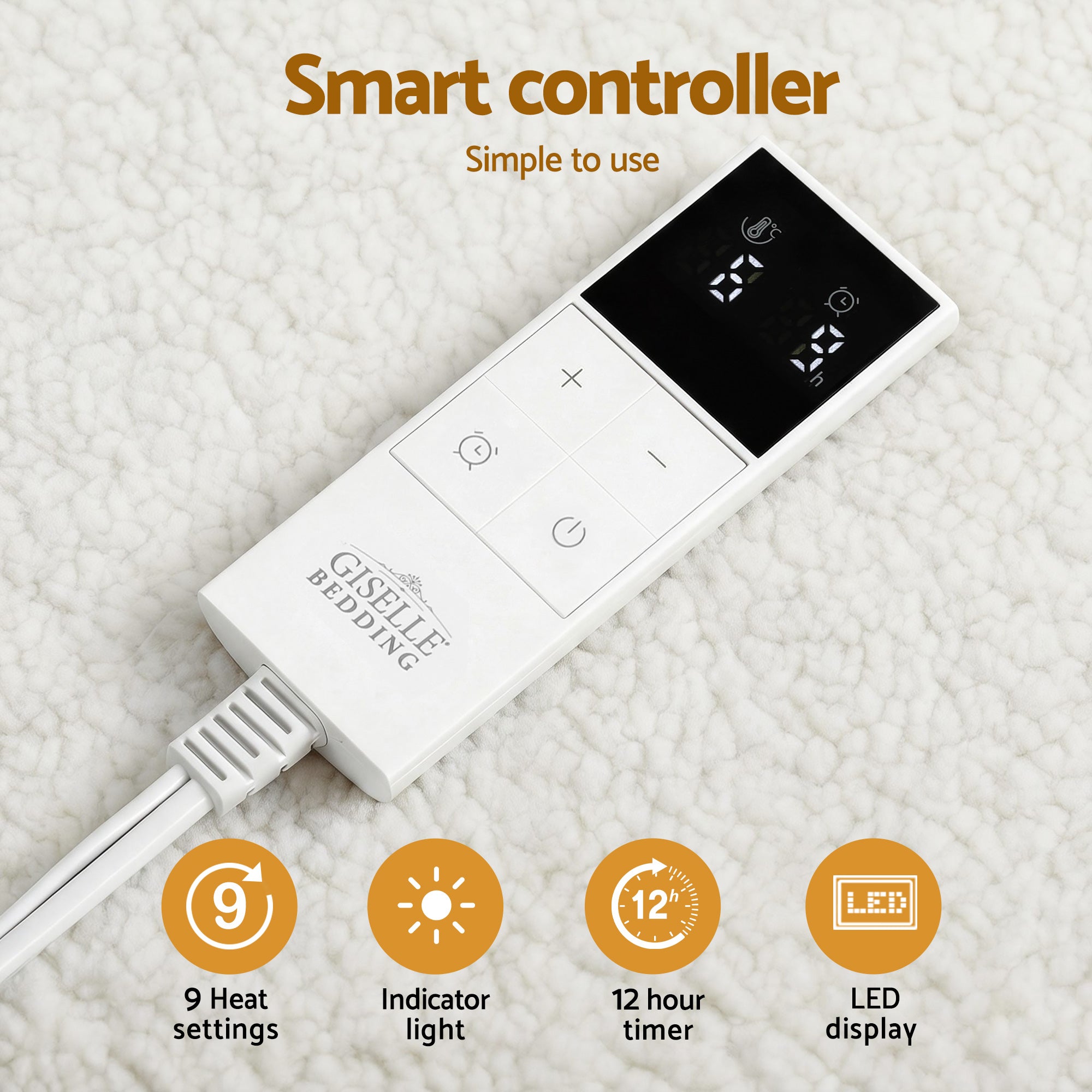 Giselle Electric Blanket LED Remote Sherpa Fleece Underlay Fully Fitted Machine Washable King Single - Free Delivery